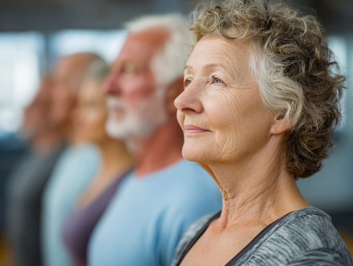 Активні люди старшого віку займаються йогою